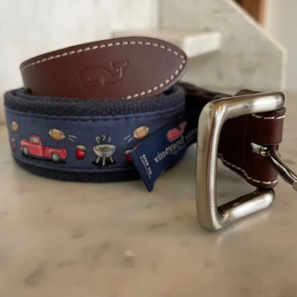 VINEYARD VINES Game Day Blue Ribbon D-Ring Belt Vintage 30
